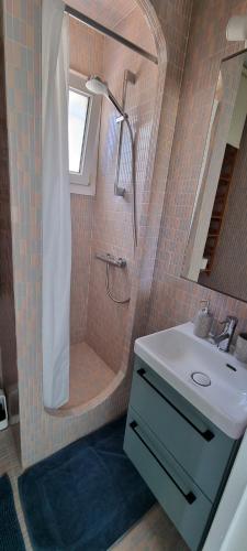 a bathroom with a shower and a sink and a tub at Un Havre de Paix in Villepinte