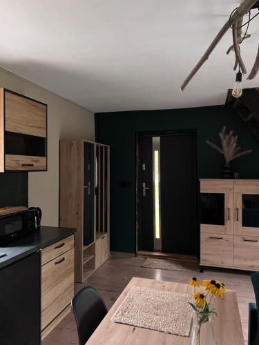 a kitchen with a table and a green wall at Jeżówka i Sudetka in Jeżów Sudecki