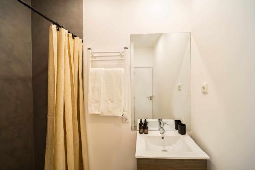 un bagno con lavandino e tenda da doccia di Casa Prosa - Santar a Santar