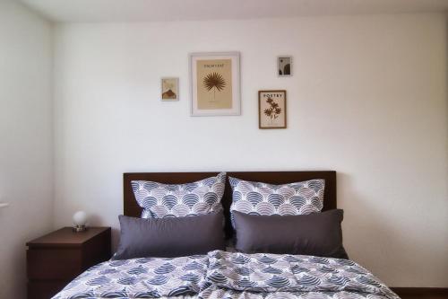 Schlafzimmer mit einem Bett mit blauen und weißen Kissen in der Unterkunft Holiday Apartment NAMASTAY in Küssaberg