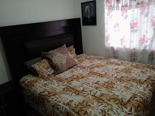 una camera da letto con letto con testiera e cuscini neri di Alojamientos holgo a Ciudad Juárez