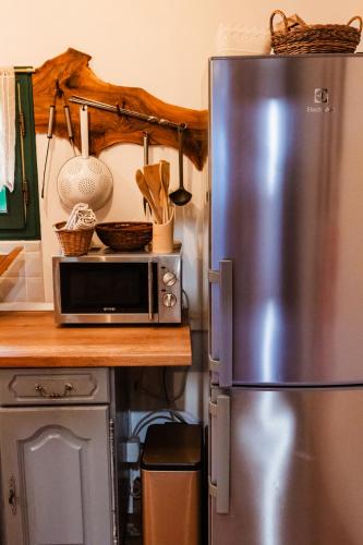 a kitchen with a stainless steel refrigerator and a microwave at Kuća za odmor Bakina Divljaka in Slavonski Brod