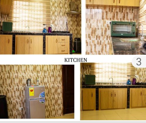 2 fotografias de uma cozinha com um frigorífico e uma cozinha em MED COZY FLAT GH em Acra
