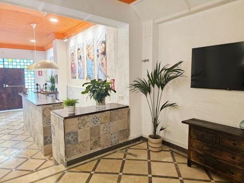 a lobby with a flat screen tv and plants at Arc House Granada in Granada