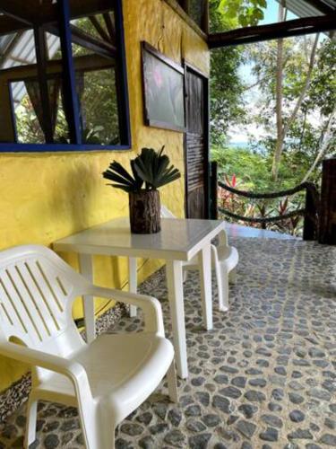 a white table and chairs with a potted plant on it at Ecolodge el Arca Bahia Solano in Bahía Solano