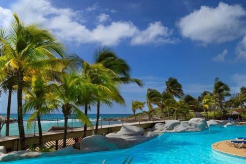 un complejo con piscina con palmeras y playa en Tropical Cocooning, en Saint-François