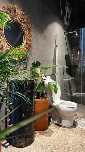 uma casa de banho com WC e alguns vasos de plantas em CASA PATO em Oaxaca de Juárez