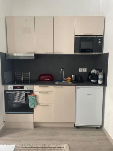 une cuisine avec des armoires blanches, un évier et un micro-ondes dans l'établissement Cosy Apartment In paris, à Saint-Ouen