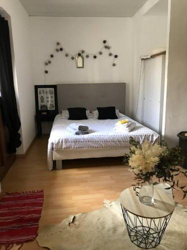 une chambre avec un grand lit dans une pièce dans l'établissement Très beau T2 dans mas ., à Boisset-et-Gaujac