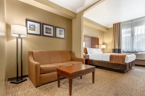 une chambre d'hôtel avec un lit, un canapé et une table dans l'établissement Comfort Inn Arcata, à Arcata