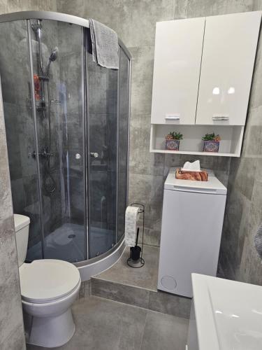 y baño con ducha, aseo y lavamanos. en Apartamenty KoktajLOVE en Kielce