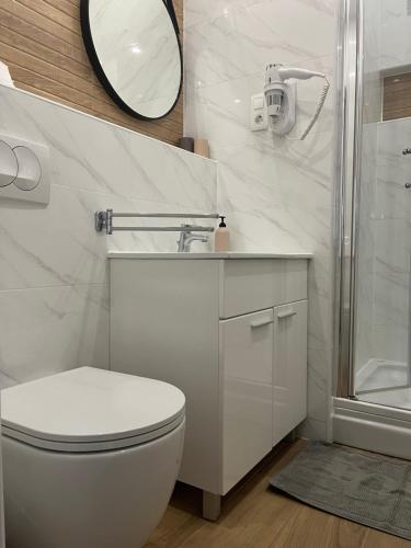 a white bathroom with a toilet and a mirror at Apartmani Višnja in Crikvenica