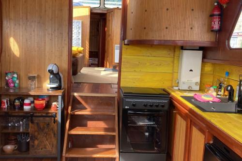 a kitchen with wooden cabinets and a stove top oven at L'Amazone - bateau sur le canal de bourgogne in Tanlay