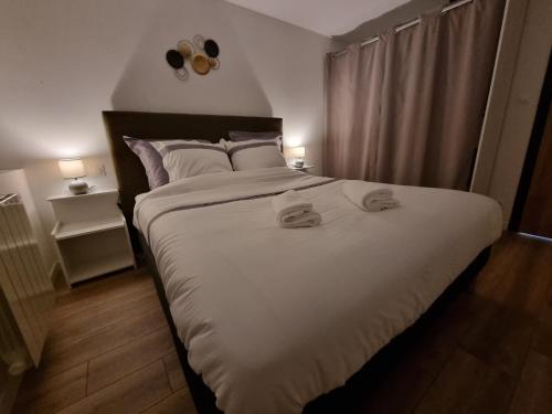 um quarto com uma grande cama branca com duas toalhas em Résidence cosy et moderne em Morvillars