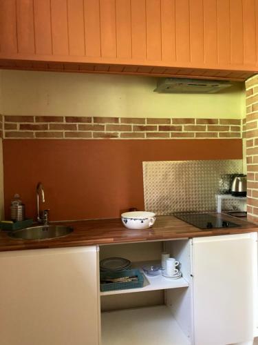 a kitchen with a sink and a counter top at Métairie de Moutiques in Cazaubon
