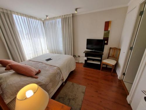 a bedroom with two beds and a television in it at Santiago Moneda Suites in Santiago