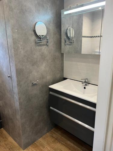 ein Badezimmer mit Waschbecken und Spiegel in der Unterkunft DisneylandParis Cosy indépendance in Chalifert