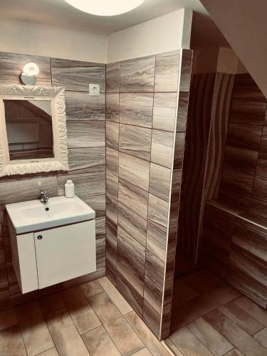 La salle de bains est pourvue d'un lavabo et d'un miroir. dans l'établissement Best Price Guesthouse, à Szeged