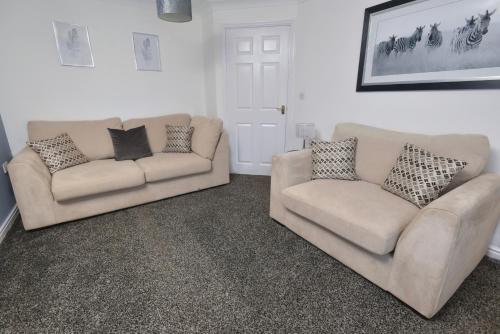 a living room with two couches and a picture on the wall at Witton House in Stockton-on-Tees