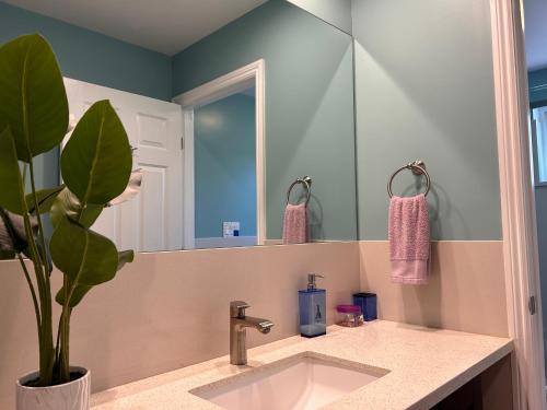 a bathroom with a sink and a mirror at San Francisco 3BR3BA w free parking near airport in Daly City