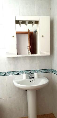 a bathroom with a white sink and a mirror at Ático carrizal in Carrizal