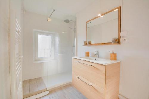 une salle de bain avec un lavabo et un miroir dans l'établissement Le repère de Poincaré, à Nancy