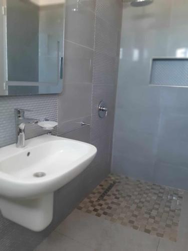 La salle de bains blanche est pourvue d'un lavabo et d'un miroir. dans l'établissement Magnifique appartement djerbien, à El Guecheïne