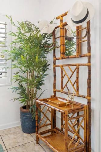a wooden chair sitting next to a potted plant at The Golden Alligator 2 - 3 beds 1 bath Palm Beach Regency style, near everything in West Palm Beach