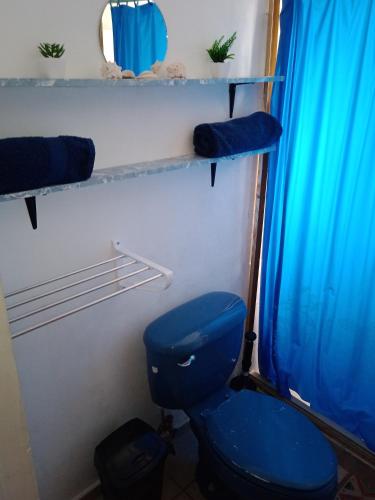 La salle de bains est pourvue de toilettes bleues et de rideaux bleus. dans l'établissement Alojamientos holgo, à Ciudad Juárez