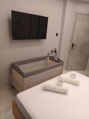 a bathroom with two beds and a sink and a tv at The Absolute Luxury Apartment in Kalamata