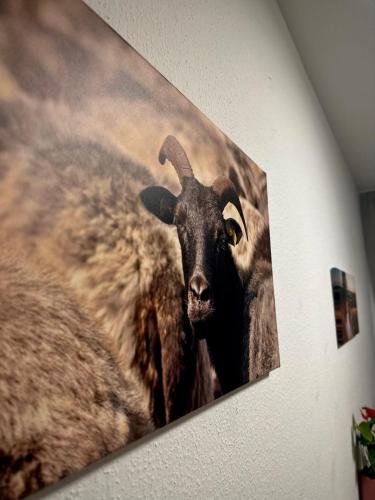 a picture of a ram hanging on a wall at Ferienwohnung E in Soltau