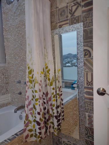 ein Badezimmer mit Duschvorhang und Badewanne in der Unterkunft Casa Cielito Lindo - Seguridad, 10min de Centros Comerciales & Zona Esmeralda - Empresas bienvenidas in Mexiko-Stadt