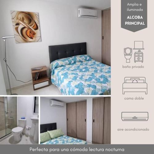 twee foto's van een slaapkamer met een bed en een badkamer bij iluminado y conformable apto con excelente vista in Cúcuta