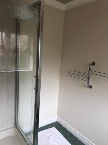 a shower with a glass door in a bathroom at Cherry Trees 