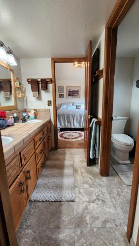 a bathroom with a sink and a toilet and a bed at Yosemite Mountain Retreat in Oakhurst