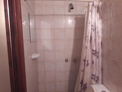 een badkamer met een douche, een toilet en een douchegordijn bij Departamento Mí Sueño in Ushuaia