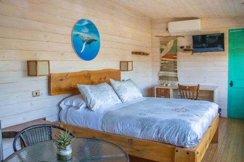 1 dormitorio con 1 cama con tabla de surf en la pared en Hostal Sirena en Pichilemu
