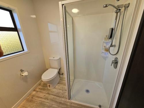 a bathroom with a toilet and a glass shower at Hacienda Motor Lodge in Palmerston North