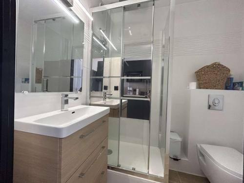 une salle de bain avec un lavabo et une douche en verre dans l'établissement Appartement climatisé 2 pièces avec piscine et parking sécurisé - FR-1-226-524, à Roquebrune-sur Argens