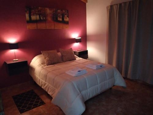 een slaapkamer met een groot bed met 2 lampen bij Cabaña San Cayetano v&g in San Rafael
