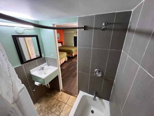 a small bathroom with a sink and a mirror at Town & Country Motel in Sioux City