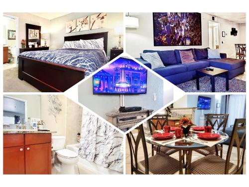 a collage of pictures of a bedroom and a living room at UPGRADED & STYLISH, POOL, HOT TUB, WALK TO STRIP! in Las Vegas