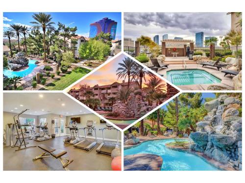 a collage of pictures of a resort with a pool at UPGRADED & STYLISH, POOL, HOT TUB, WALK TO STRIP! in Las Vegas