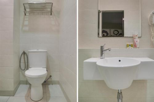 two pictures of a bathroom with a toilet and a sink at 101 Hotel Bintulu in Bintulu