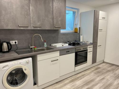 a kitchen with a washing machine and a dishwasher at EG-Souterrain Wohnung in Marburg an der Lahn