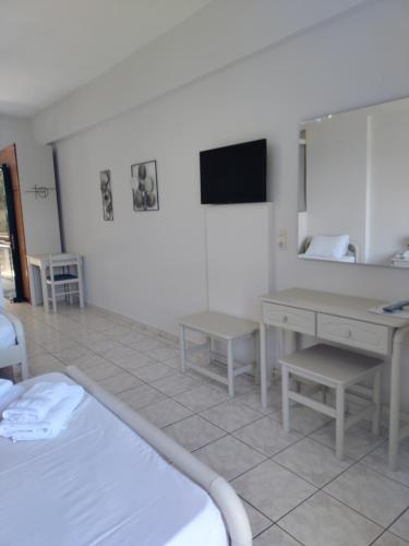 a bedroom with a bed and a desk and a tv at Captain Nick Aparthotel in Mikros Gialos