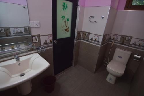 a bathroom with a sink and a toilet and a mirror at Binara Home Stay in Polonnaruwa