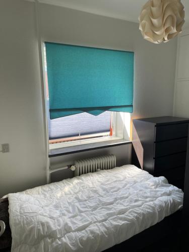 Nice room near airport في كوبنهاغن: غرفة نوم بسرير ونافذة ذات ستارة زرقاء