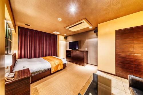 um quarto de hotel com uma cama e uma televisão em HOTEL LITZ HIROSHIMA -Adult Only em Hiroshima