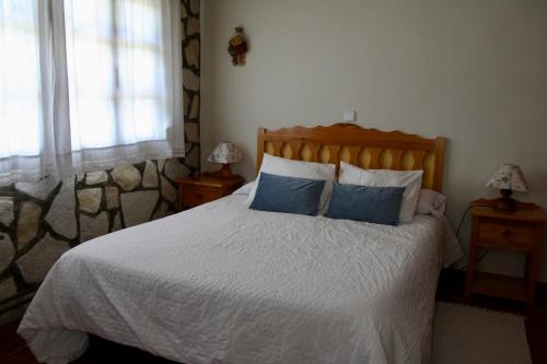 ein Schlafzimmer mit einem großen Bett mit blauen Kissen in der Unterkunft Casa Rural la Laguna 